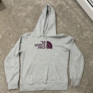 The North Face Light Gray Hoodie with Purple Logo